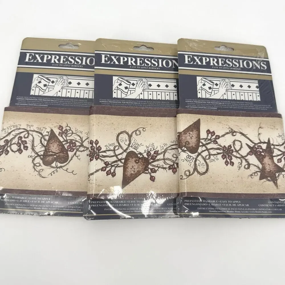 Expressions Rusty Hearts & Stars Wallpaper Lot of 3 Border 5 yards SB10238B NOS